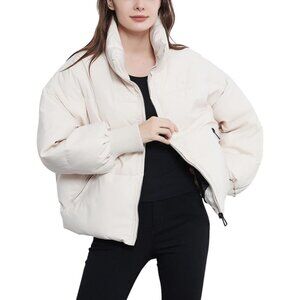 Women’s White Outerwear Ribbed Cuffs Slant Pockets Classic Cropped Puffer Jacket